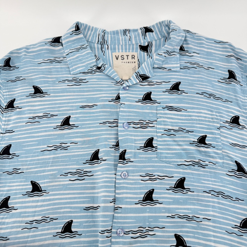 VSTR Premium Mens XL Shark Fin Stripe Button Up Shirt‎ Blue Short Sleeve Viscose